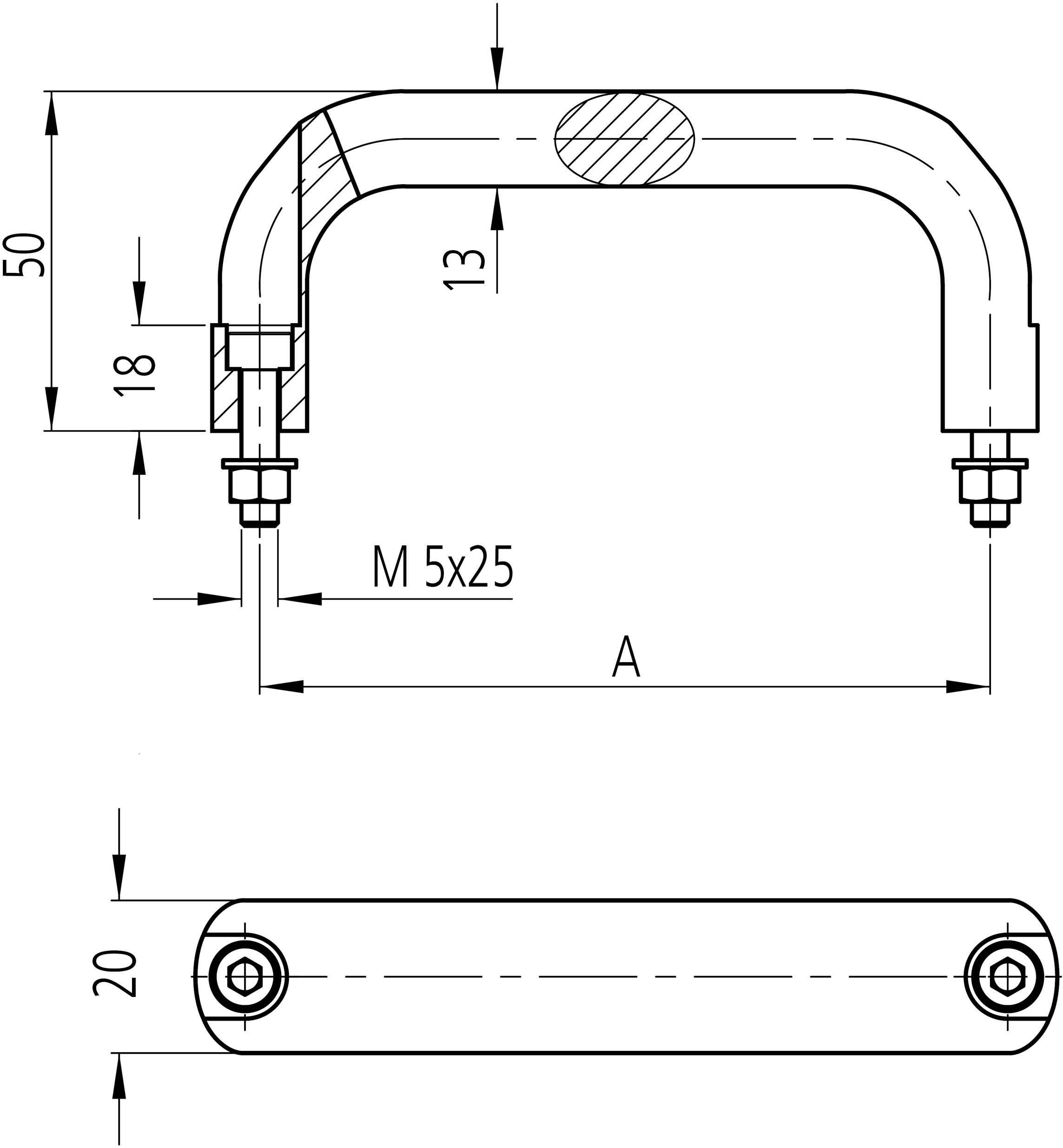 Technische tekening van een metalen handgreep met afmetingen: Lengte 'A', breedte 50 mm, hoogte 18 mm, schroefgrootte M5x25, hartafstand 20 mm.
