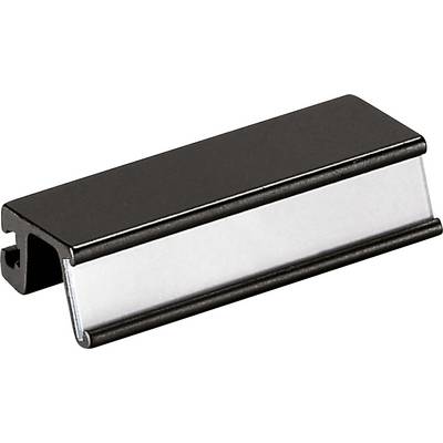 Een zwarte en zilveren magnetische naambadgehouder, rechthoekige vorm, geschikt voor bevestiging aan kleding.