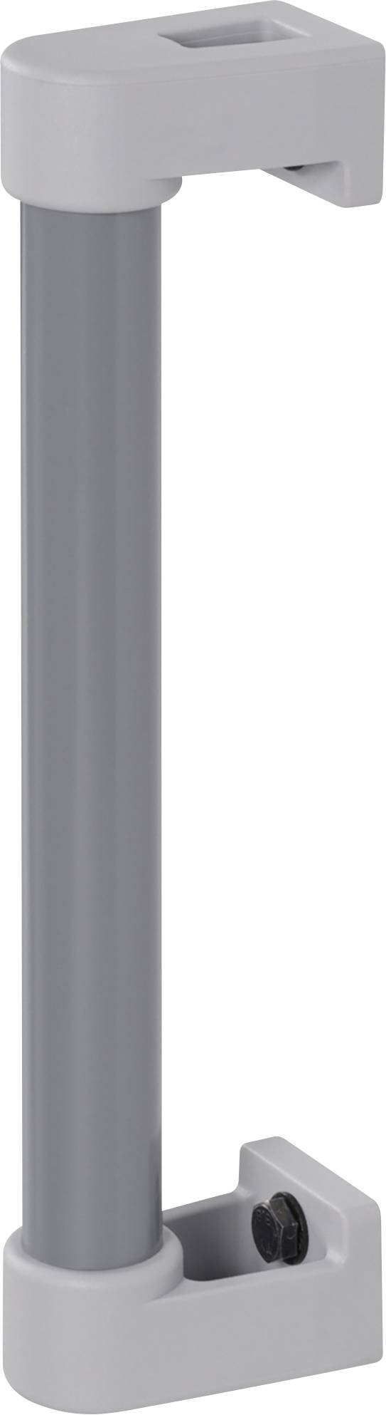 Grijze handgreep, verticaal gemonteerd, met afgeronde uiteinden voor een veilige grip.