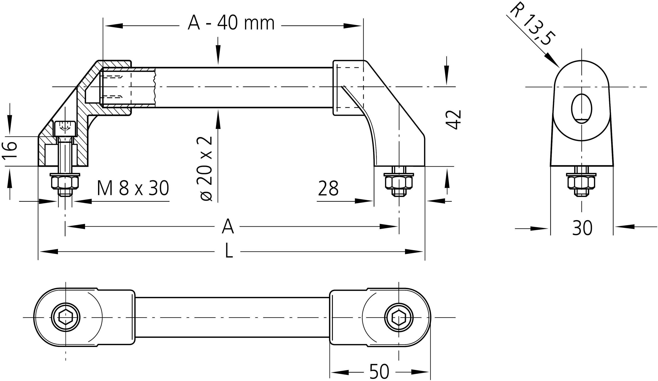 Technische tekening van een handgreep met afmetingen: 40 mm breedte, 16 mm hoogte, 30 mm schroeflengte, 20 mm diameter.