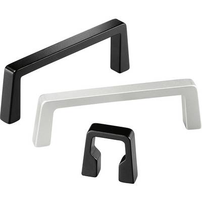 Drie gekleurde deurkrukken: Zwart, grijs en een kleine zwarte vooraan. Modern design, rechthoekige vorm, gebruikt voor meubilair.