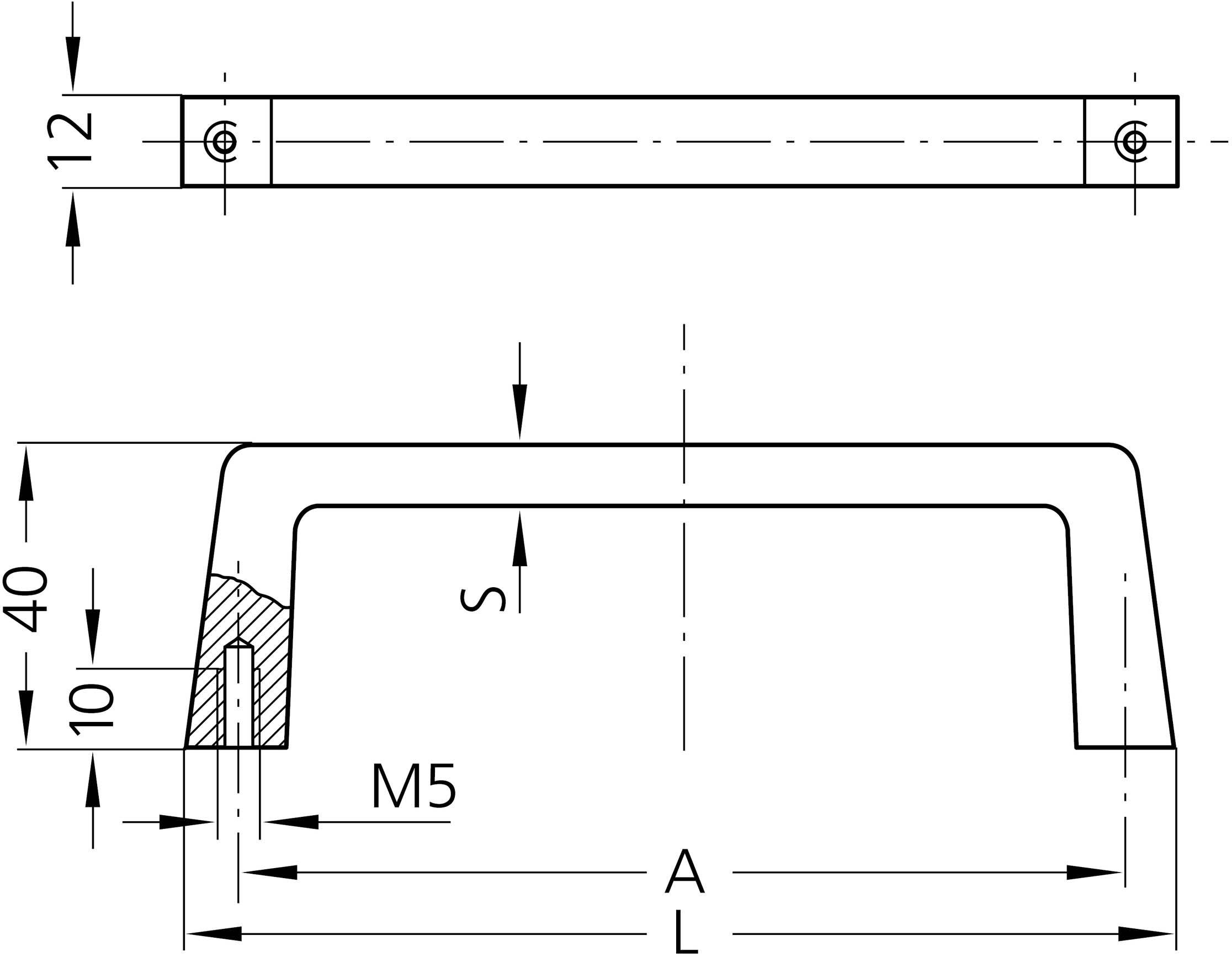 Technische tekening van een handgreep met M5-bevestigingspunten, afmetingen: hoogte 40 mm, breedte 12 mm, detailweergave van een doorsnede.