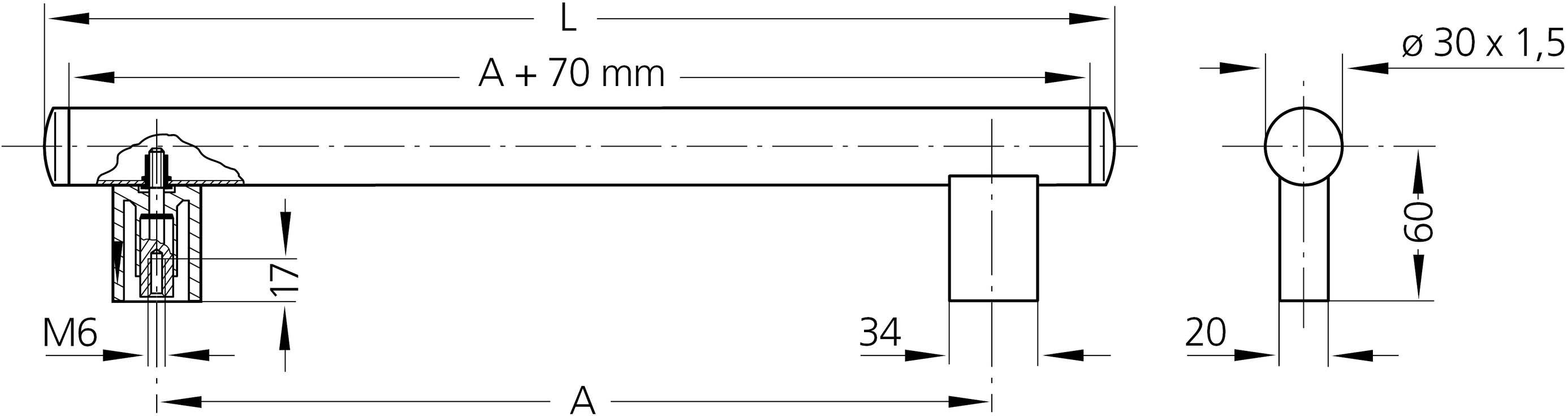 Technische tekening van een cilindergreep met maatvoering: lengte L, A + 70 mm, diameter 30 x 1,5 mm, hoogte 60 mm, schroefdraad M6.