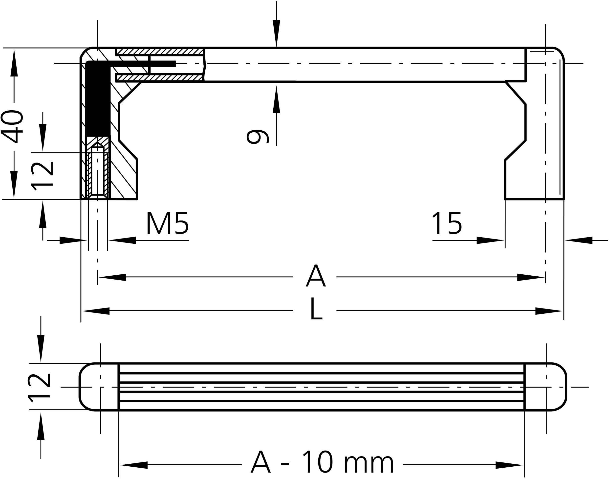Technische tekening van een L-vormig onderdeel met afmetingen: hoogte 40 mm, breedte 9 mm, diepte 15 mm. M5-boring zichtbaar.