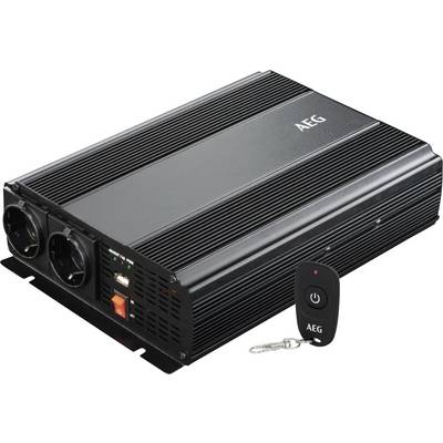 Zwarte AEG spanningsomvormer met twee stopcontacten, USB-aansluiting en afstandsbediening.