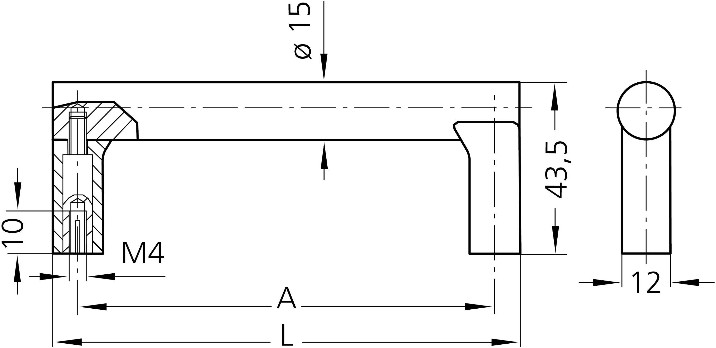 Technische tekening van een handgreepprofiel met afmetingen: M4-schroefgat, diameter 15 mm, hoogte 43,5 mm, breedte 10 mm, diepte 12 mm.