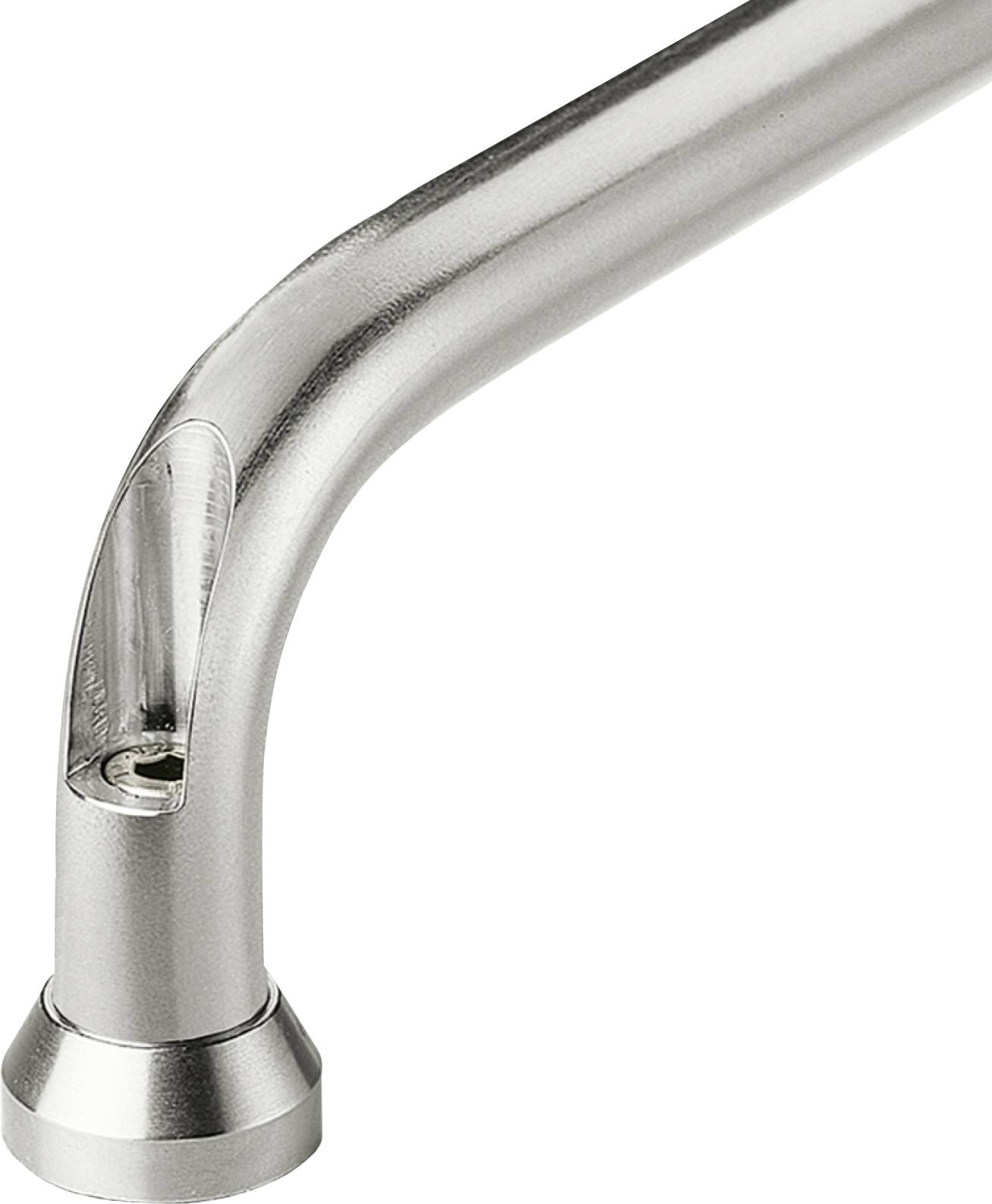Een zilverkleurige waterkraan, licht gebogen, met een smalle uitloop. De kraan heeft een eenvoudig, modern design.