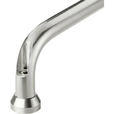 Een zilverkleurige waterkraan, licht gebogen, met een smalle uitloop. De kraan heeft een eenvoudig, modern design.