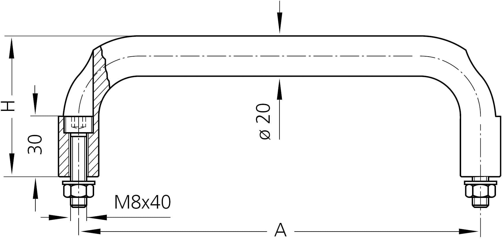 Maatvoeringstekening van een U-vormige metalen handgreep met M8x40 schroeven, diameter 20 mm, hoogte 30 mm, breedte A.