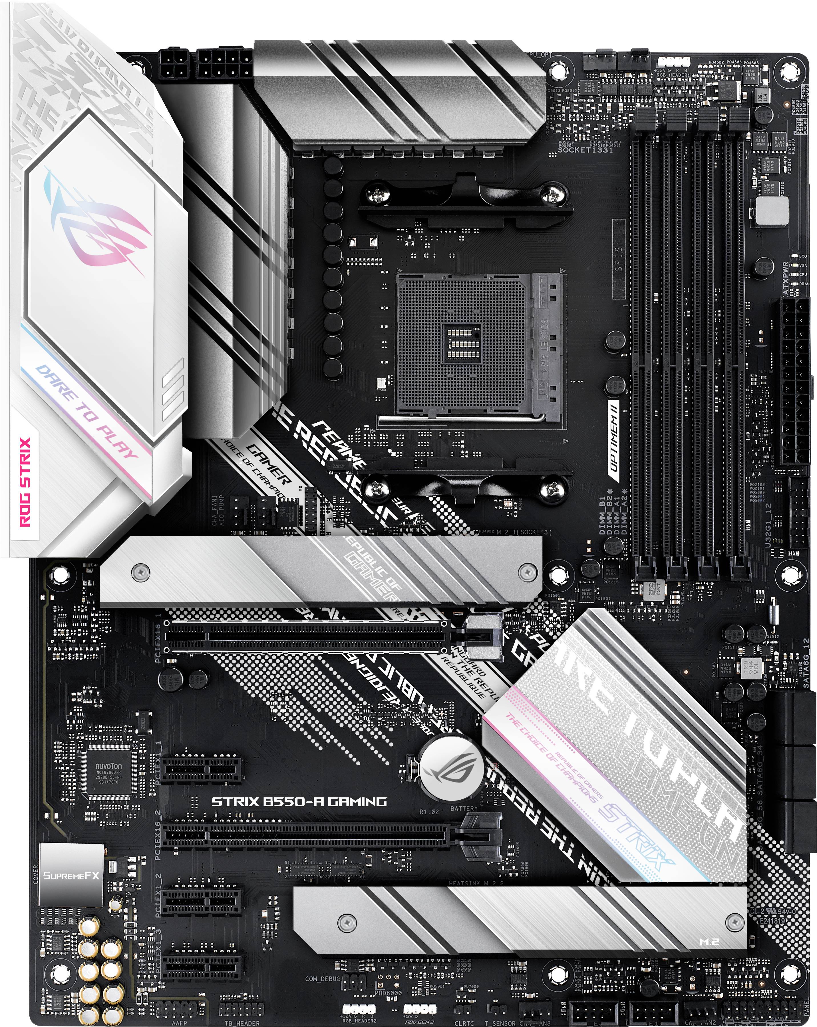 Moederbord met AM4-socket, grijze koelvin en verschillende PCIe-sleuven. Opschrift 'STRIX B550-F GAMING'.