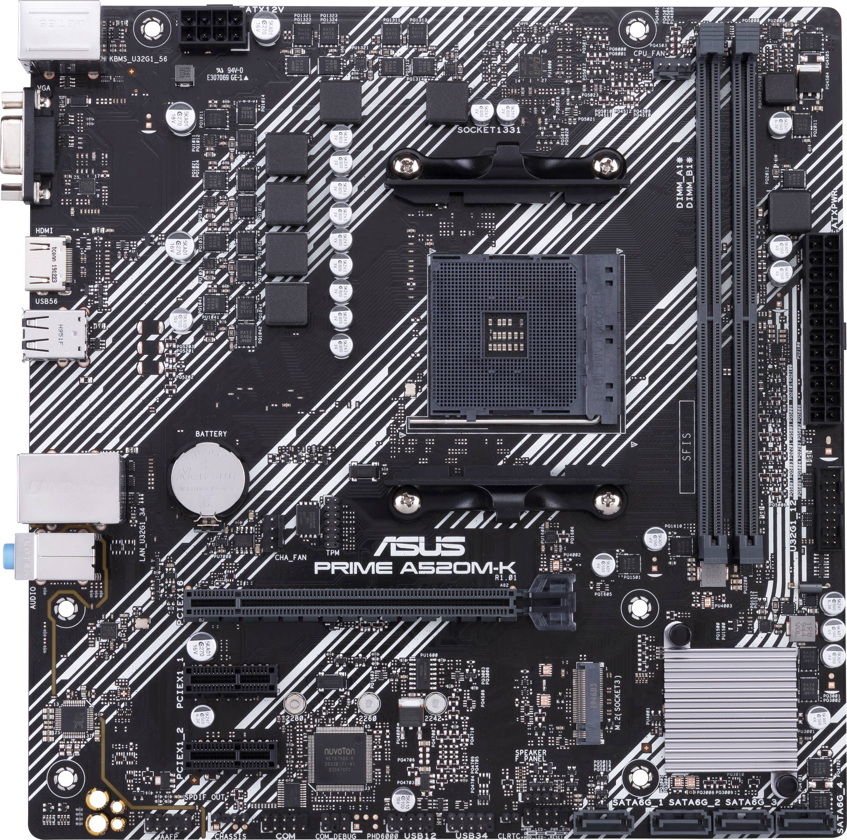 De afbeelding toont een ASUS PRIME A520M-K moederbord met verschillende sleuven en aansluitingen, geschikt voor pc-assemblage en upgrades.