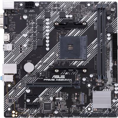 De afbeelding toont een ASUS PRIME A520M-K moederbord met verschillende sleuven en aansluitingen, geschikt voor pc-assemblage en upgrades.