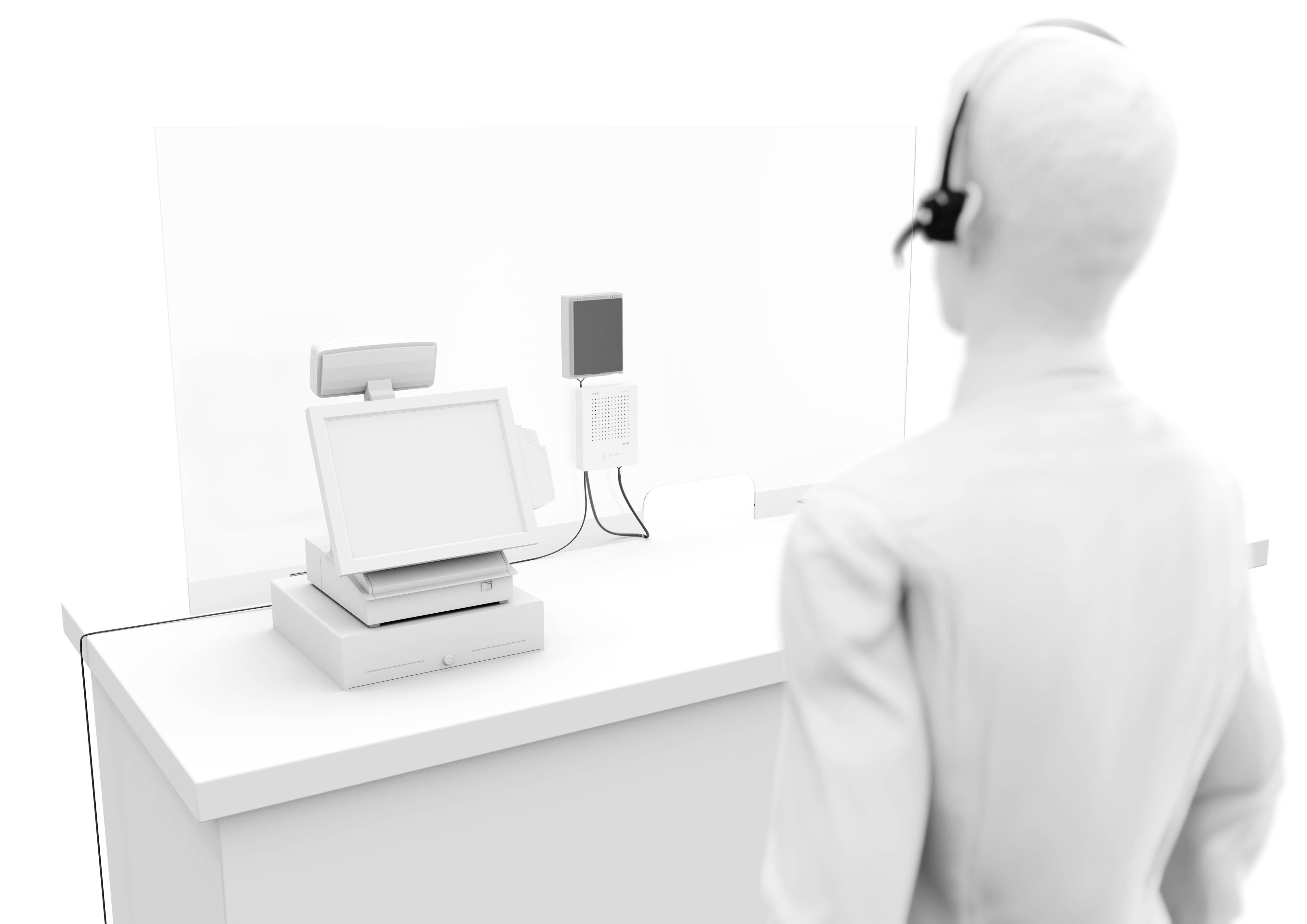 Een persoon met een headset staat voor een balie met een kassasysteem. Op de achtergrond zijn een monitor en een kaartlezer zichtbaar.