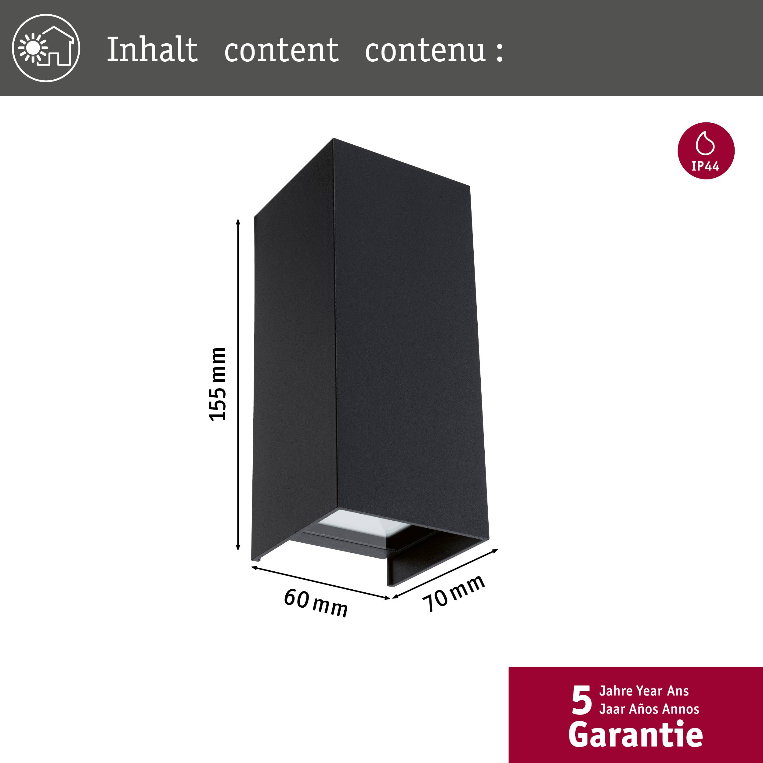 Zwarte, rechthoekige buitenlamp met afmetingen 155 mm x 70 mm x 60 mm. Beschermingsgraad IP44. 5 jaar garantie.