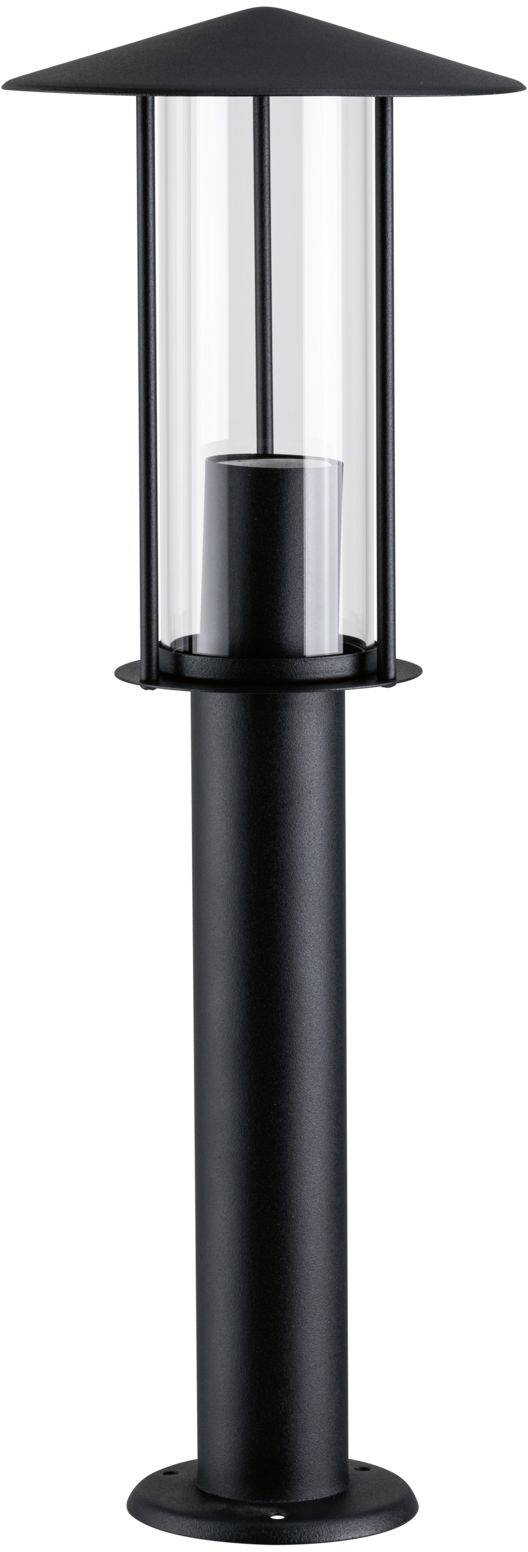 Zwarte, moderne tuinlamp met een heldere glazen cilinder op een hoge, slanke voet.