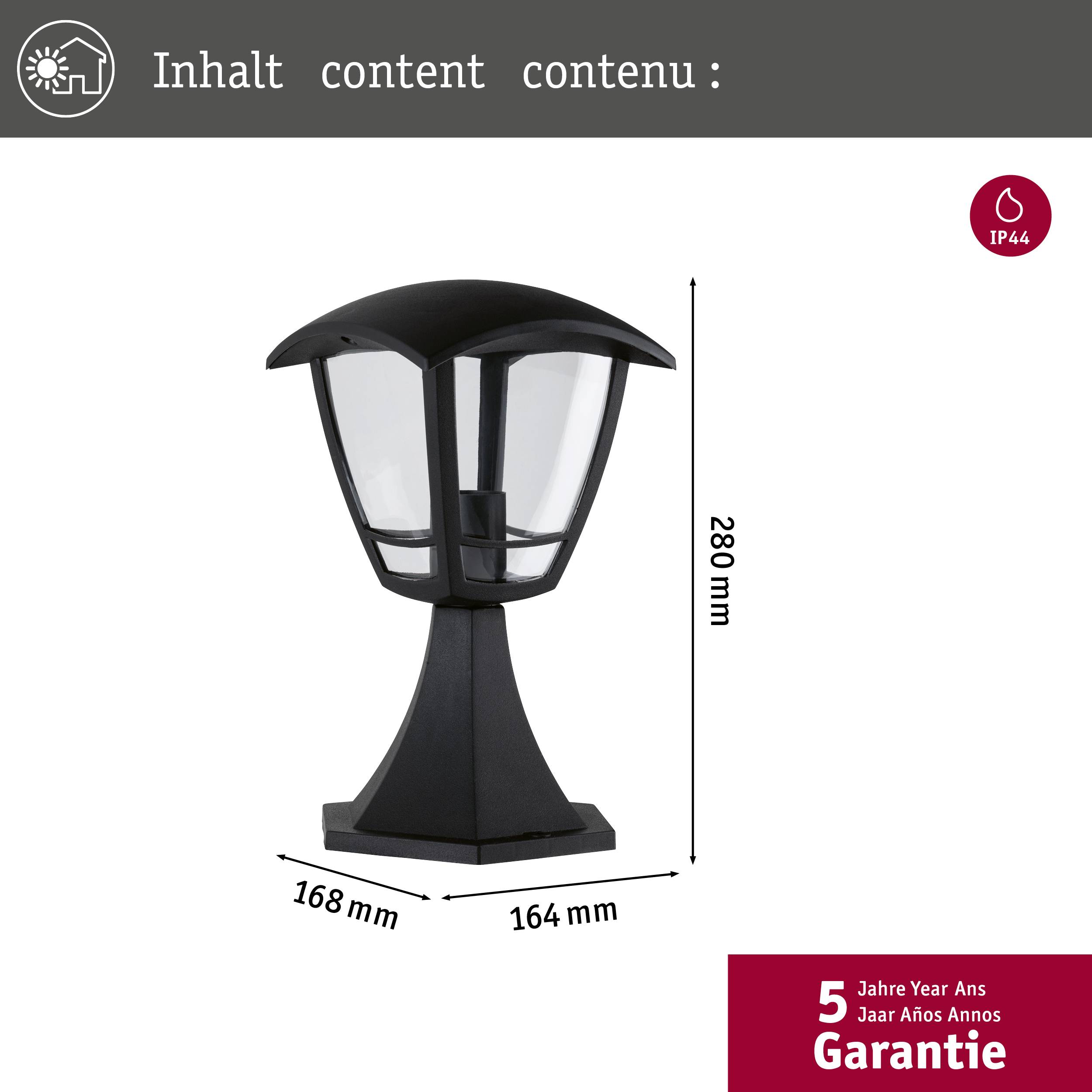 Zwarte buitenlamp met IP44-bescherming, 280 mm hoog, 164 mm breed. 5 jaar garantie, geschikt voor tuin of terras.