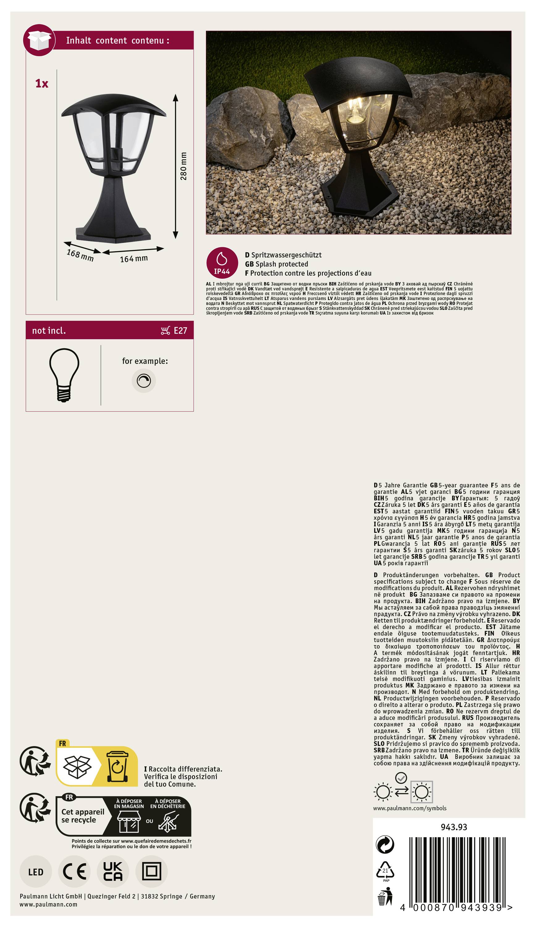 'Rabalux Tanek' zwarte tuinlamp afgebeeld op een doos, voorzien van product- en energiebesparingsinformatie en afmetingen.