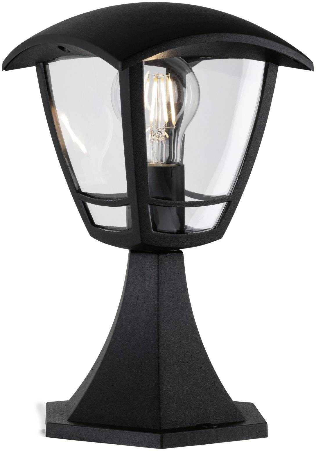 Een zwarte buitenwandlamp met heldere glazen wanden en zichtbare gloeilamp, geschikt voor sfeervolle buitenverlichting.
