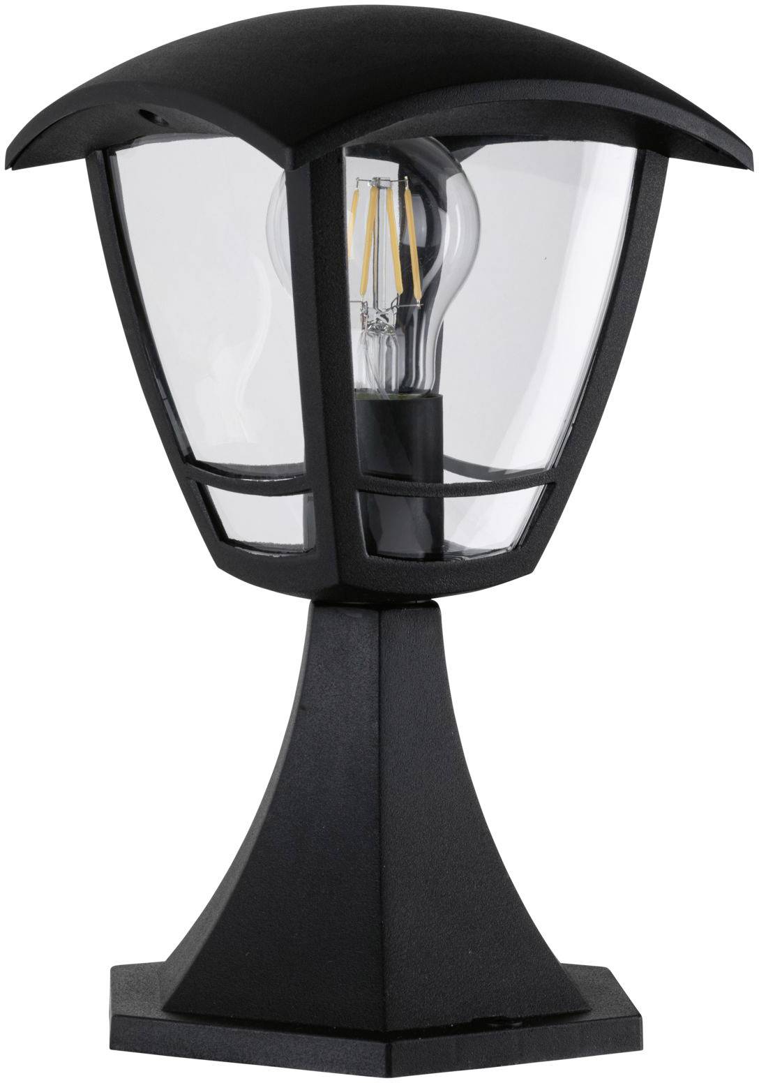 Zwarte tuinlantaarn met helder glas en zichtbare LED-lamp in het midden.