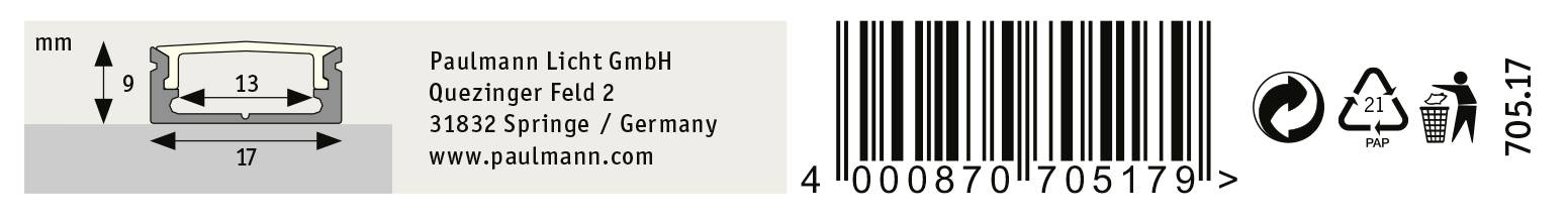 Barcode met productinformatie van Paulmann Licht GmbH: Formaat 9x17 mm, Adres: Quezlinger Feld 2, 31832 Springe, Duitsland.