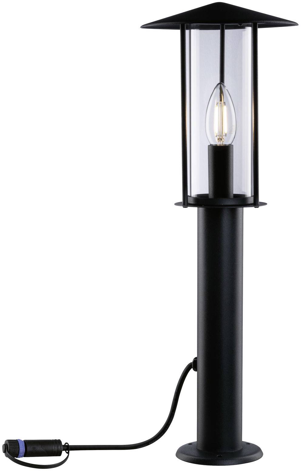 Zwarte tuinlamp in lantaarnstijl met glazen ramen, toont een zichtbare gloeilamp en heeft een aangesloten stroomkabel.