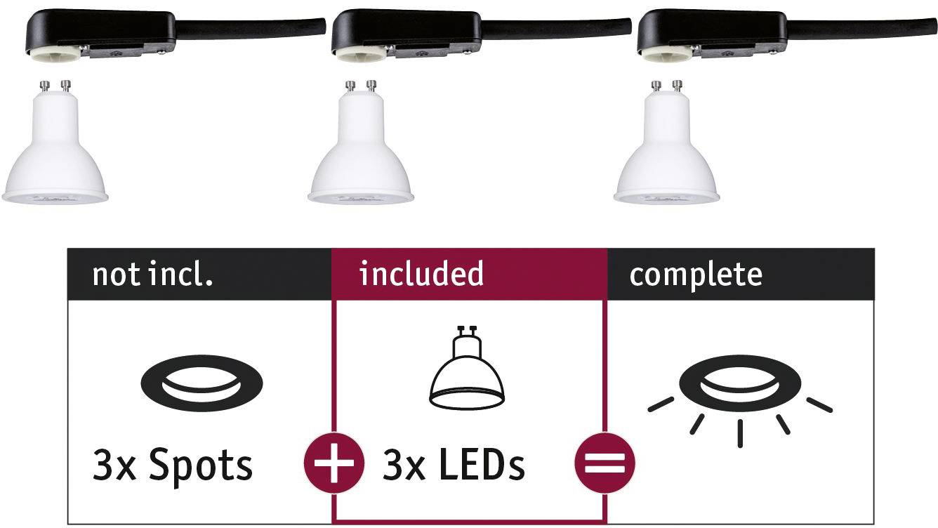 'Diagram toont: 3x spots niet inbegrepen, 3x LED's inbegrepen, resulteert in complete verlichtingsoplossing.'