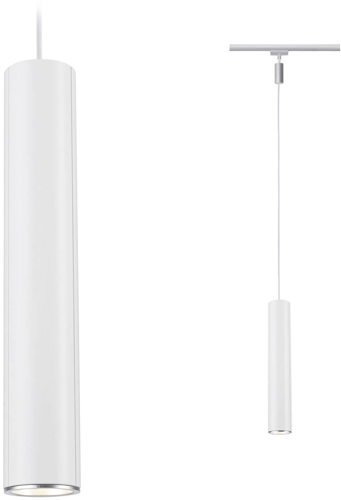 Witte, cilindrische hanglamp die aan een kabel hangt van een plafondophangingssysteem. Geschikt voor moderne interieurs.