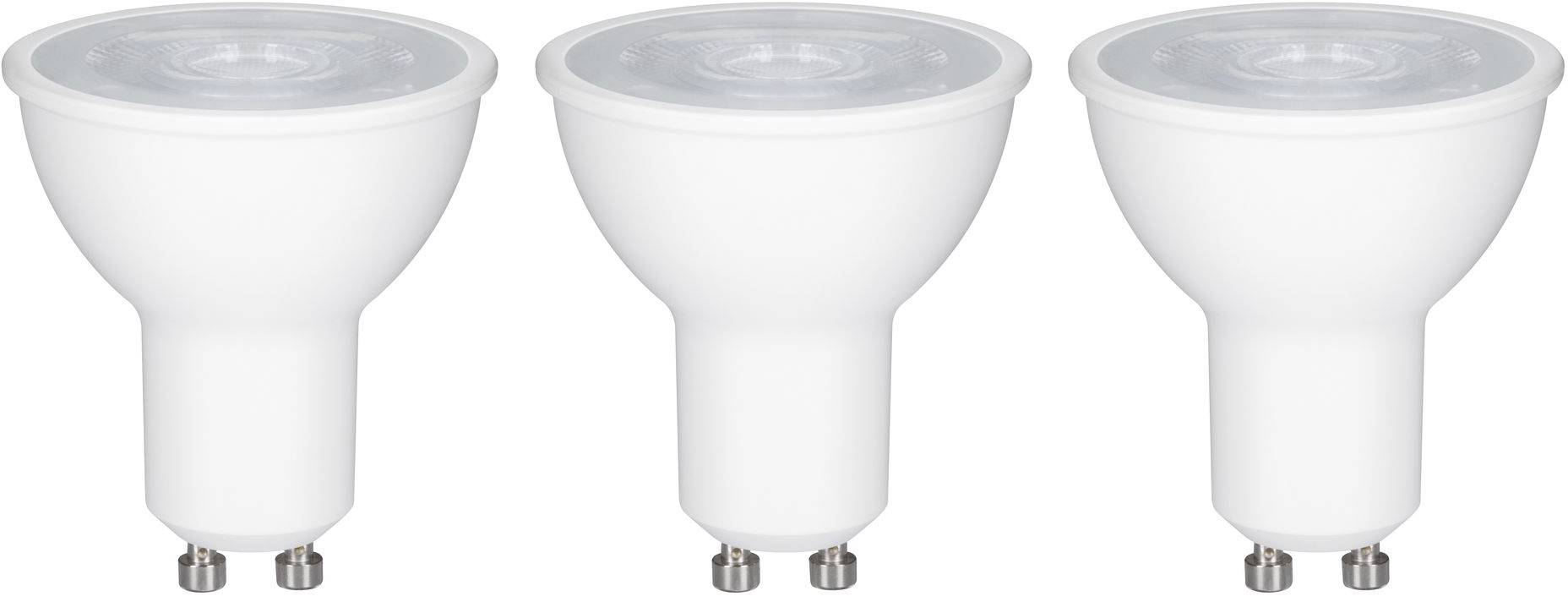 Drie witte LED-lampen op een rij. Allemaal voorzien van een GU10-fitting en even groot.