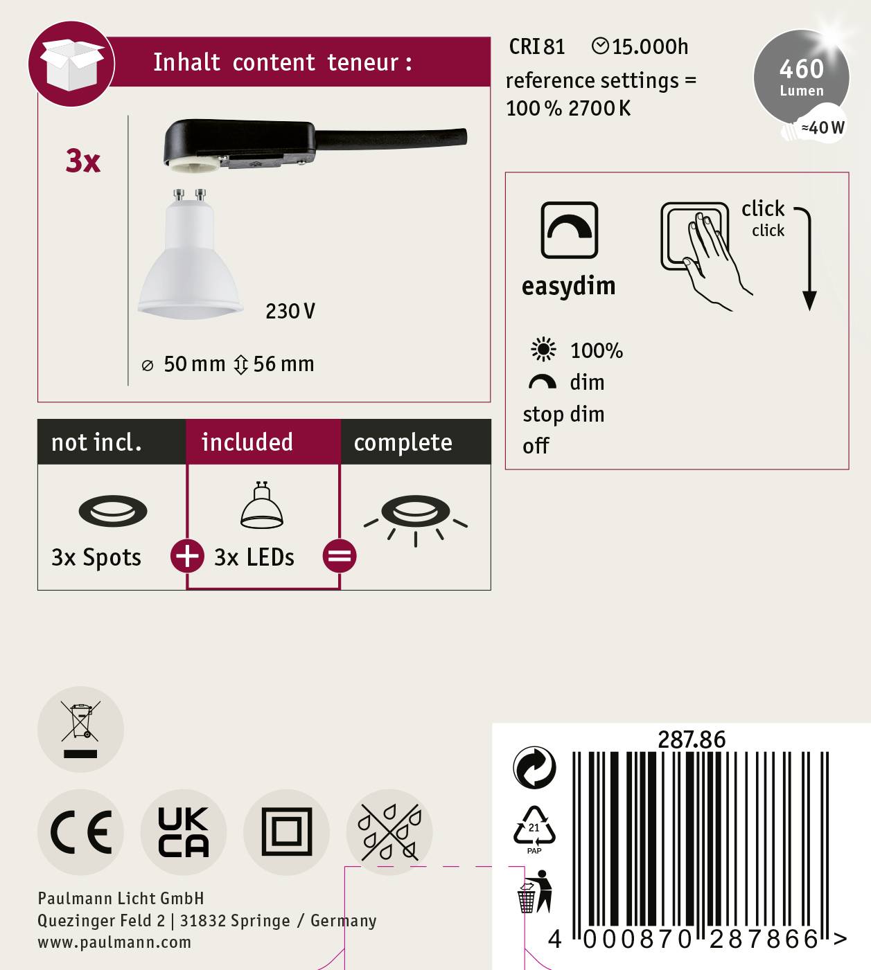 'Plafondlamp 3x 230V; inclusief 3 LED-spots, compleet gemonteerd. Dimfunctie: eenvoudige instelling door te klikken; CRI81, 460 lumen.'