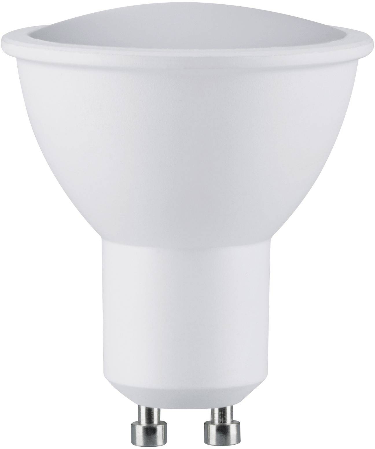 Een witte LED-lamp met een GU10-fitting, conisch van vorm, staat rechtop voor een neutrale achtergrond.