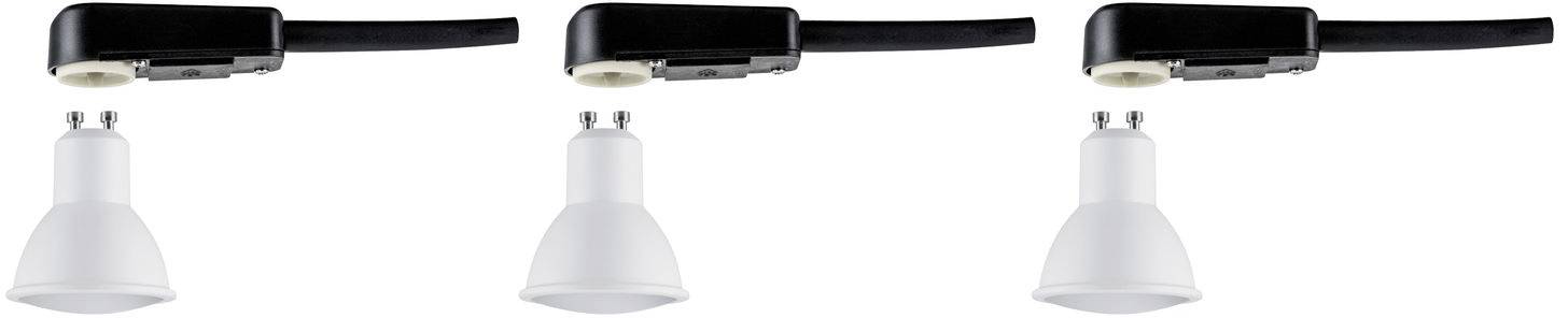 Drie witte LED-lampen, elk met een zwarte voet en twee metalen contactpunten. Alle zijn identiek en naast elkaar uitgelijnd.