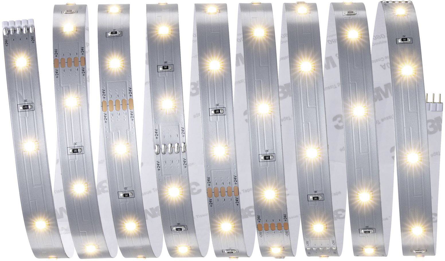 LED-lichtstrip met warmwitte verlichting, regelmatig gerangschikt op een flexibele, zilveren bandbodem.