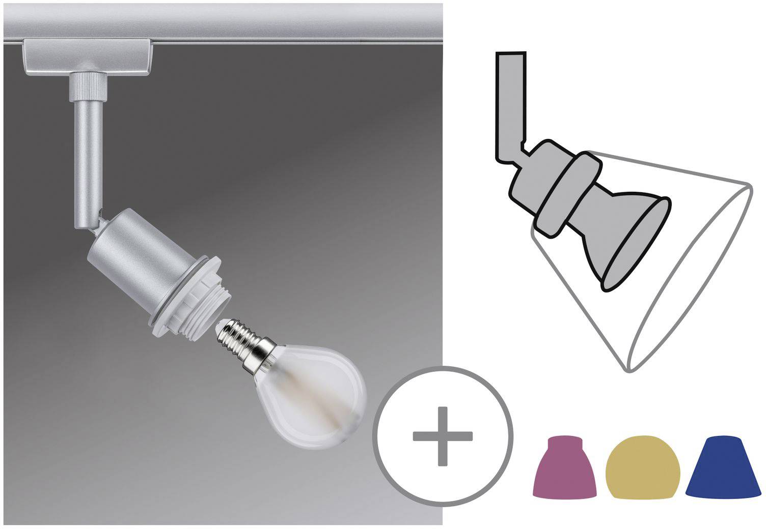 Een verstelbare spotlamp met gestileerd diagram en drie verwisselbare gekleurde kappen: Roze, Geel, Blauw.