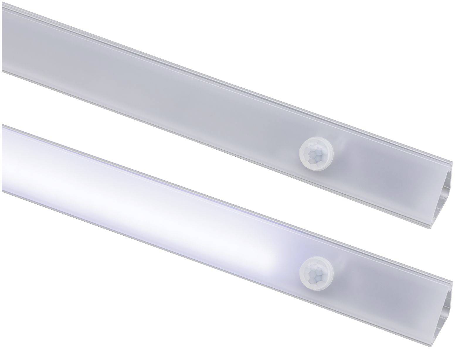 Twee rechthoekige LED-lichtbalken, één verlicht en één uitgeschakeld, op een witte achtergrond. Ze tonen installatievarianten.