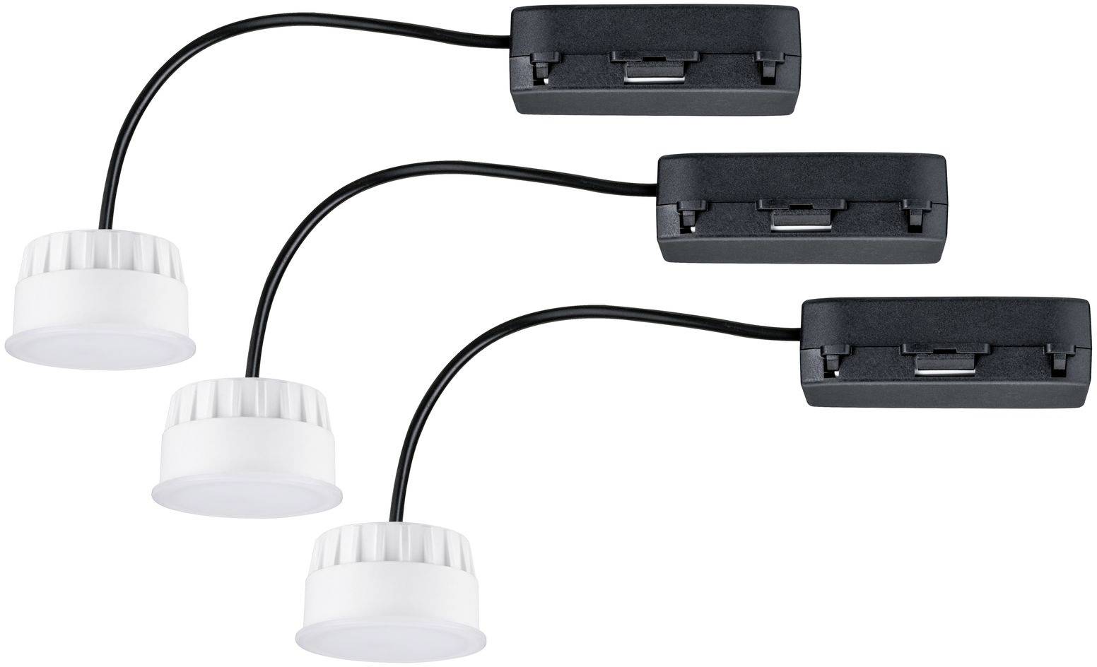 Drie witte LED-onderbouwlampen met zwarte kabels en rechthoekige verbindingsdozen, geschikt voor keuken- of werkplekverlichting.