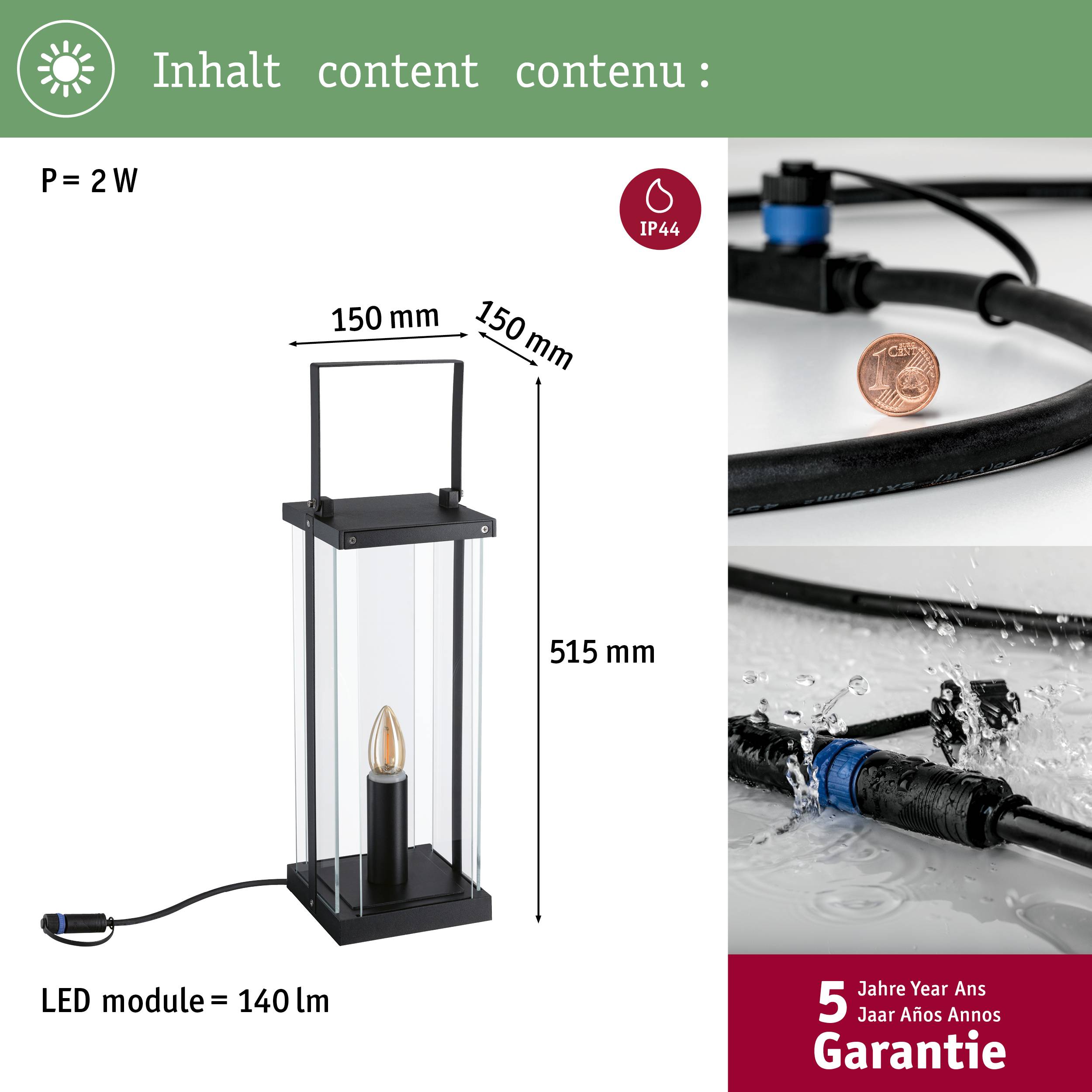 'Afbeelding van een lantaarn met LED-module, 140 lumen, 2 watt. Afmetingen: 515x150 mm. Beschermingsklasse IP44. Vijf jaar garantie.'