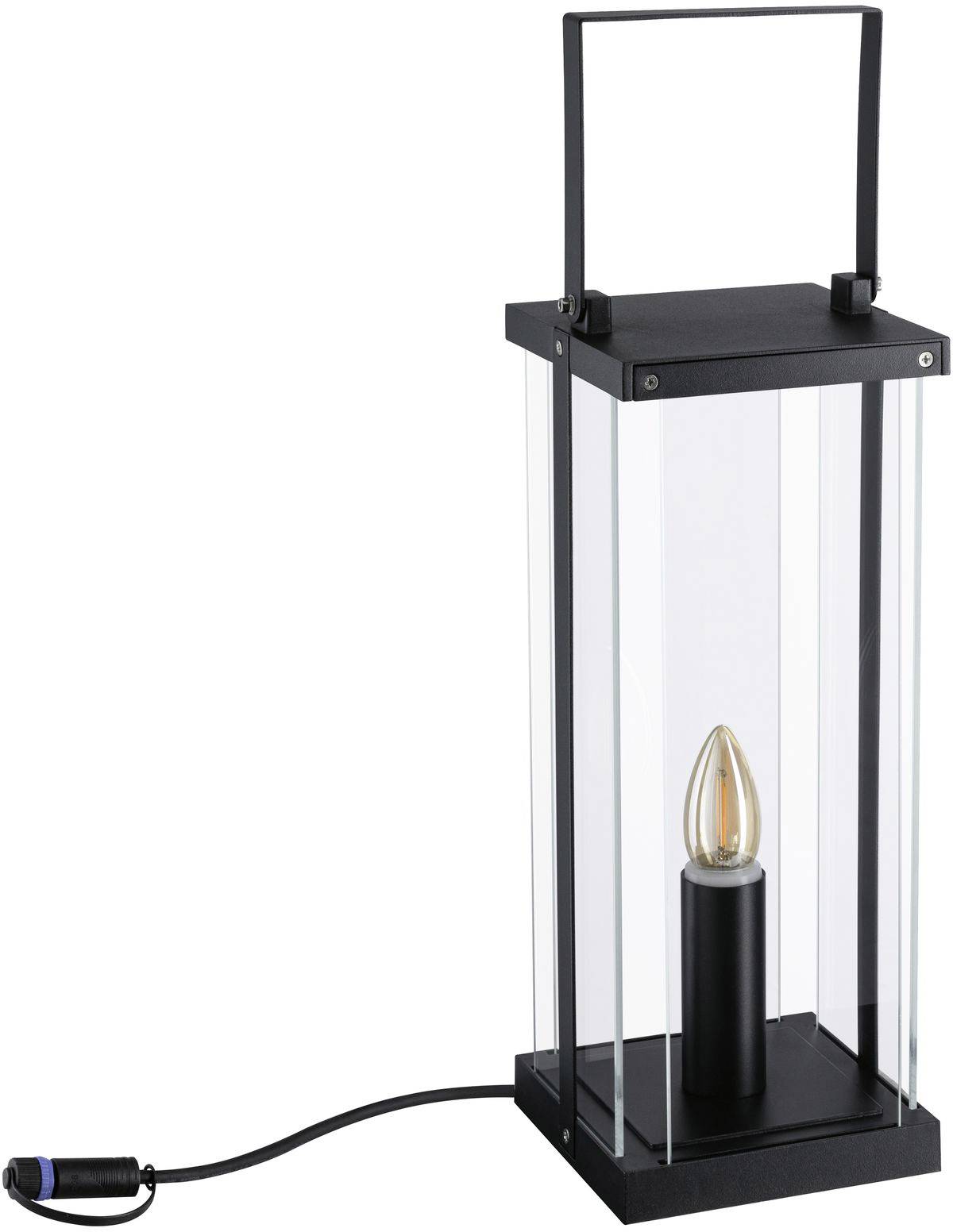 Een moderne, rechthoekige lantaarn van zwart metaal met glazen elementen, bevat een enkele kaarslamp.