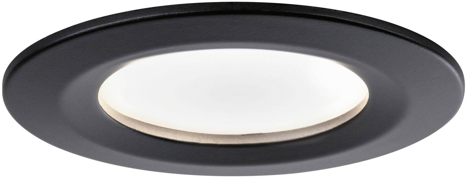 Zwarte ronde inbouwspot met een centraal, stralend wit licht. Geschikt voor plafondmontage.