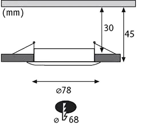 Doorsnede van een inbouwverlichtingsschema. Afmetingen: diameter 78 mm, inbouwdiepte 45 mm, inbouwopening 68 mm.
