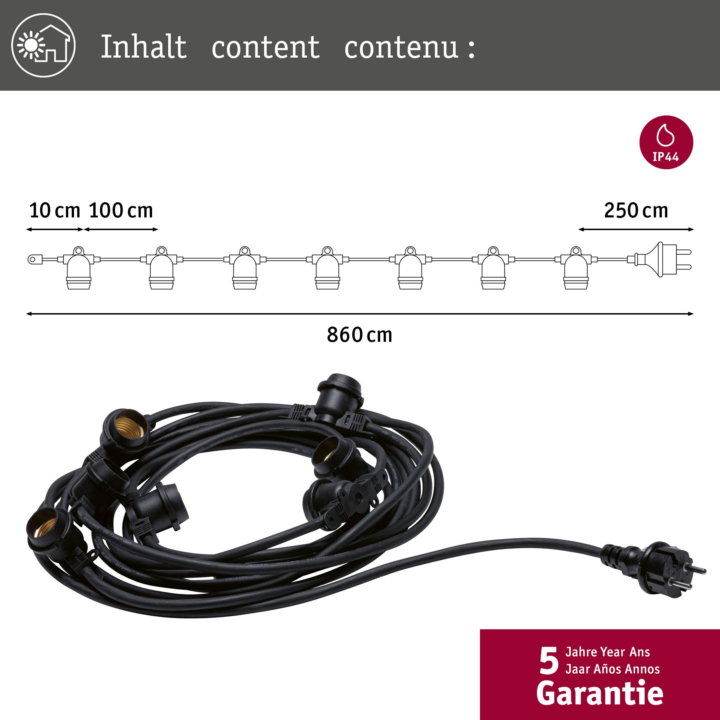 '10 LED-lampen, totale lengte 860 cm, IP44 waterdicht, 5 jaar garantie.'