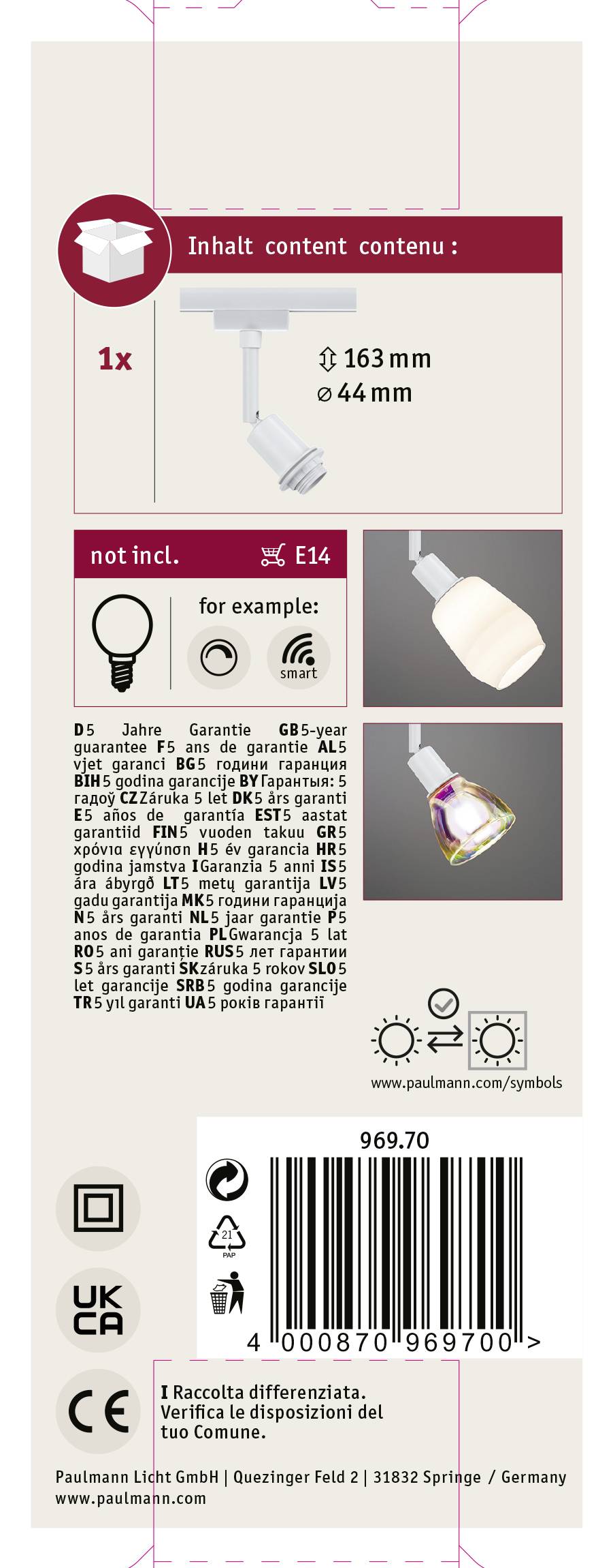 Etiket voor lamp: toont afmetingen, vereiste lampvoet E14, niet inbegrepen, en voorbeeldproducten. Bevat streepjescode en fabrikantgegevens.