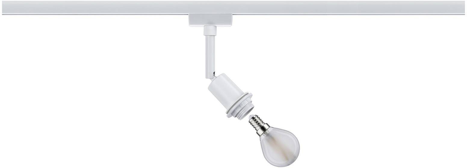 Een enkele witte lamphouder met een schuin ingedraaide gloeilamp, gemonteerd op een witte rail.