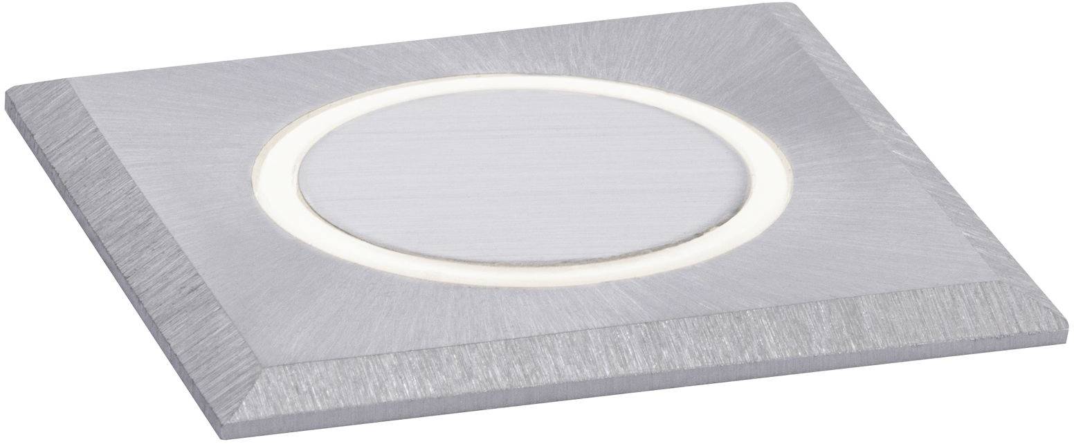 Vierkante LED-vloerlamp in zilveren behuizing, centraal ingebouwde witte lichtbron. Ideaal voor binnen- of buitenverlichting.