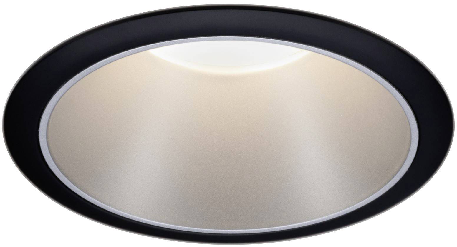 Een ronde, ingebouwde plafondlamp met een zwarte rand en wit licht dat gelijkmatig naar beneden schijnt.