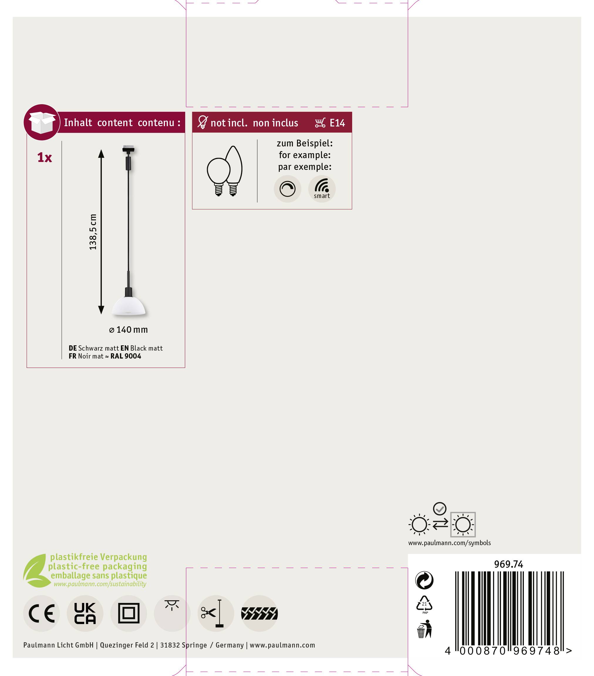 Achterkant van de verpakking van een lamp, toont afmetingen (hoogte: 136,5 cm), compatibel met E14-lampen (niet inbegrepen). Verpakt zonder plastic.