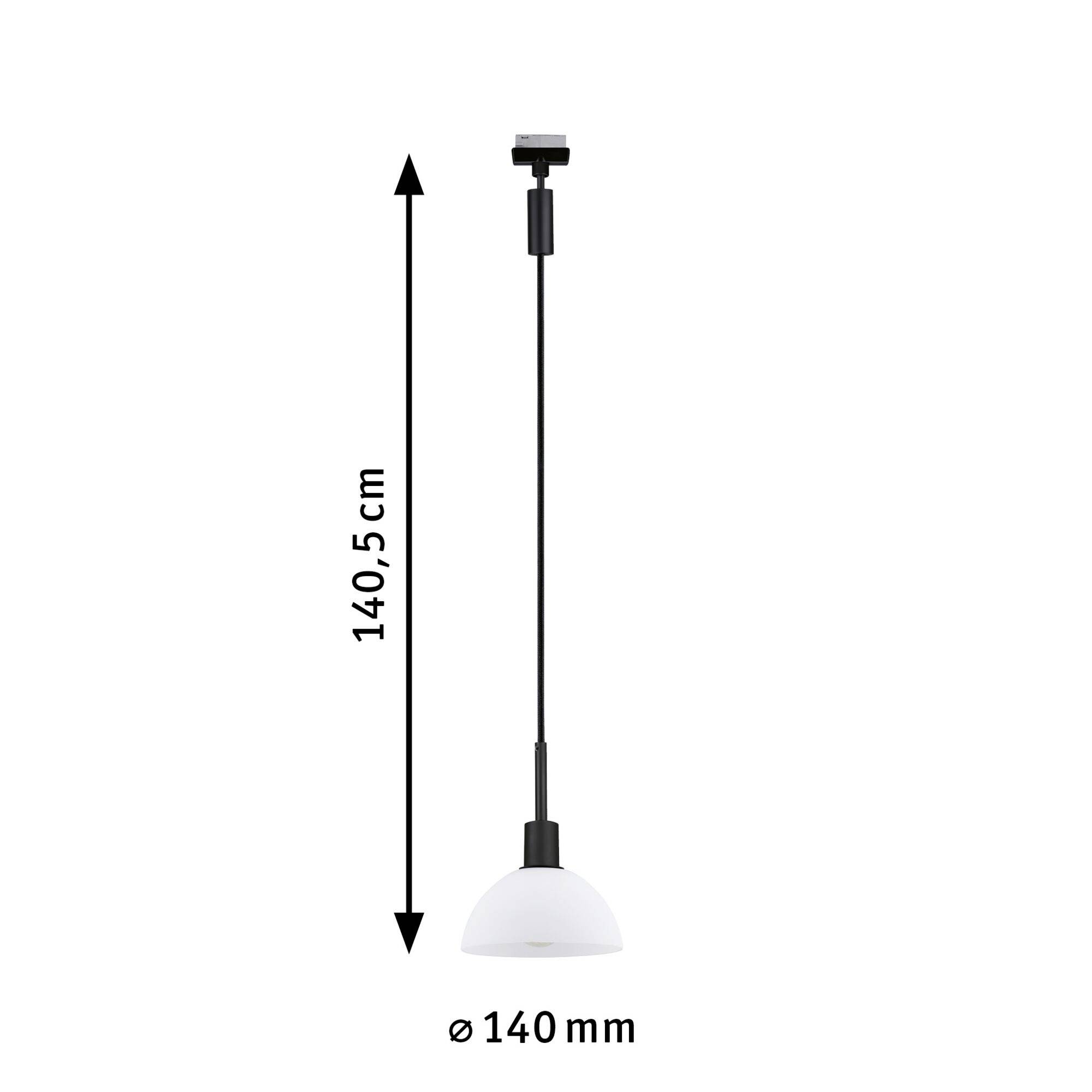 Hanglamp met zwart snoer en witte lampenkap. Totale lengte 140,5 cm, diameter 140 mm. Perfect voor moderne interieurs.