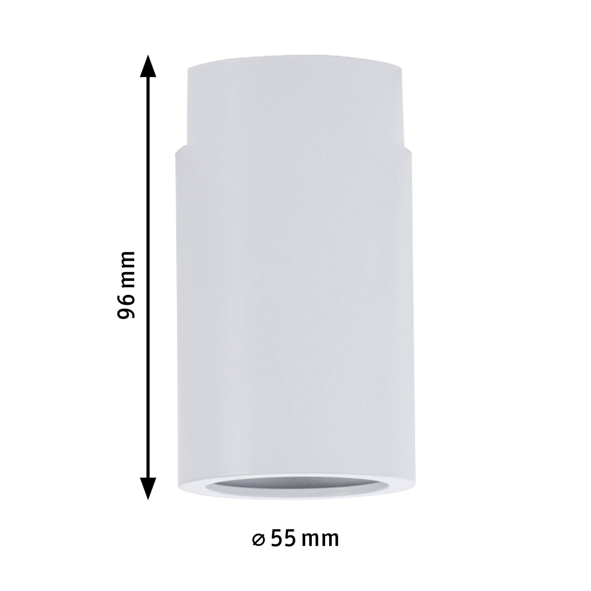 Een grijze cilindrische voorwerp, 96 mm hoog, met een diameter van 55 mm, weergegeven tegen een witte achtergrond.