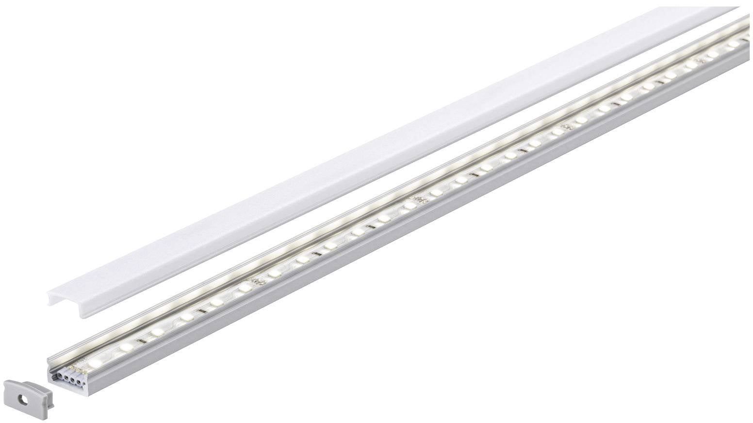 Een witte LED-strip met afdekking. Geschikt voor binnenverlichting, toont een lineaire opstelling van LED's.