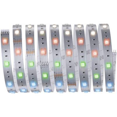 LED-lichtstrip in meerdere kleuren op een transparante strook, toont blauw, rood, groen en wit licht, geschikt voor decoratie.