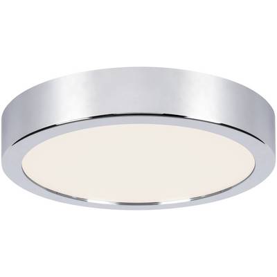Ronde plafondlamp met metalen rand en platte, witte afdekking; modern minimalistisch design voor binnenruimtes.